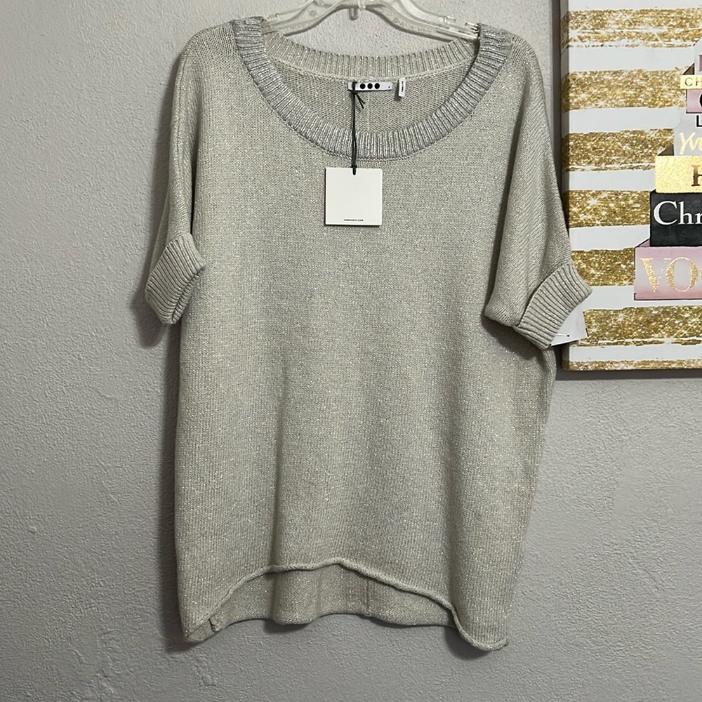 Three Dots Glittery Metallic Crew Neck Short Sleeve Sweater Size S NWT